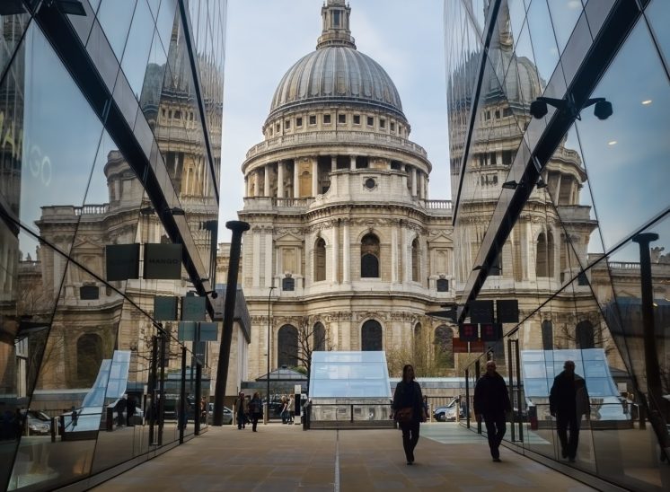 St Paul's Cathedral viewed from One New Change showing reflections in the windows