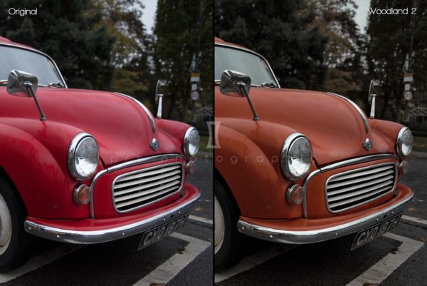 Before and after comparison of old red van with and without ACDSee preset applied