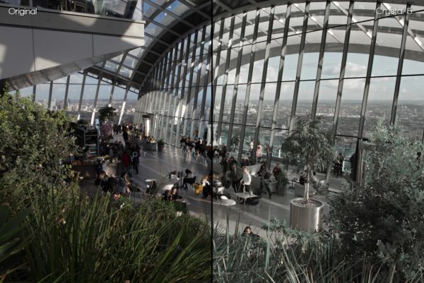 Before and after comparison of rooftop bar in London with and without ACDSee preset applied