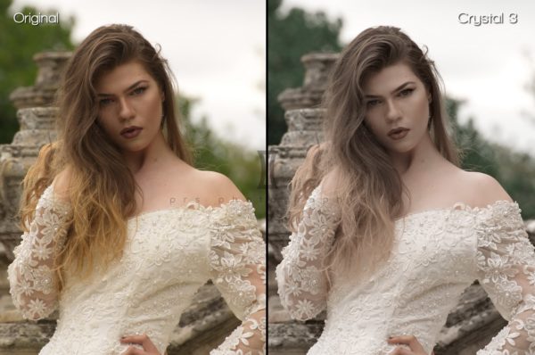 Before and after comparison of a model in a wedding dress with and without ACDSee preset applied