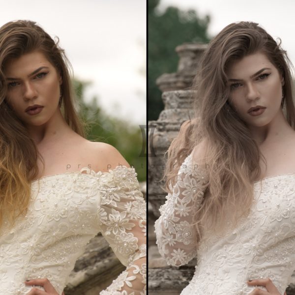 Before and after comparison of a model in a wedding dress with and without ACDSee preset applied